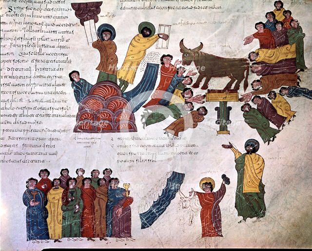 Adoration of the Golden Calf, miniature in a Mozarabic bible from 10th century.