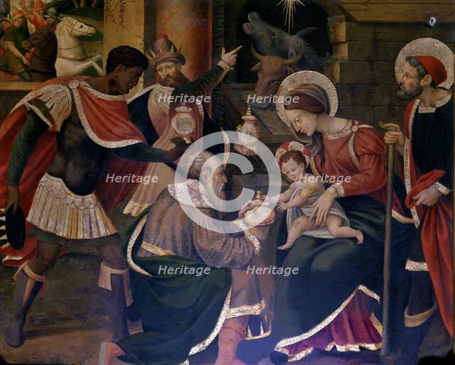 Adoration of the Magi, detail from the Altarpiece with scenes of the life of Christ on an altar o…