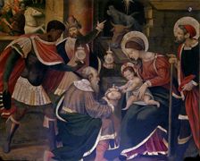 Adoration of the Magi, detail from the Altarpiece with scenes of the life of Christ on an altar o…