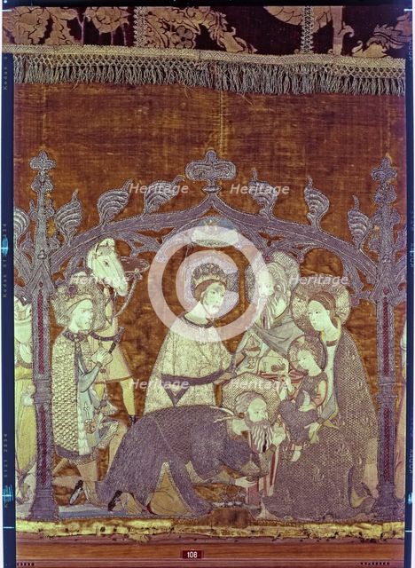 Adoration of the Magi, embroidered on a cloth of gold and silk.