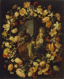 Adoration of the Magi framed by a Garland of Flowers, 1650. Creator: Mario Nuzzi