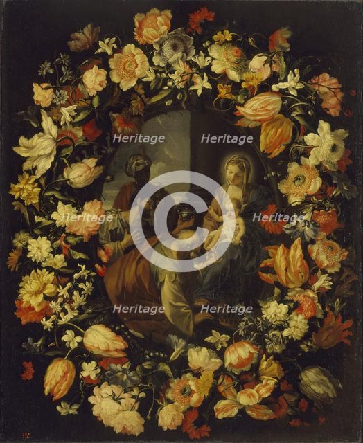 Adoration of the Magi framed by a Garland of Flowers, 1650. Creator: Mario Nuzzi.