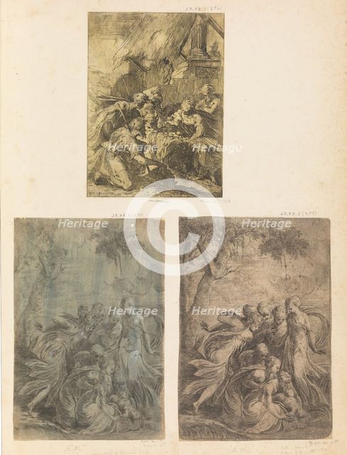 Adoration of the Shepherds, Moses Rescued from the Nile, ca. 1540-44. Creator: Andrea Schiavone.