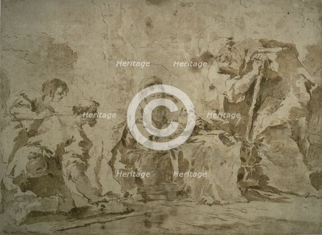 Adoration of the Shepherds (recto); Three Sketches: Buildings by Canal with..., (verso), c.1770. Creator: Francesco Guardi.
