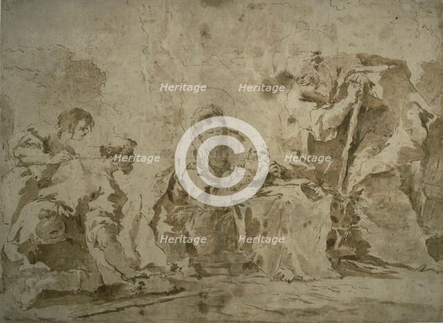 Adoration of the Shepherds (recto); Three Sketches: Buildings by Canal with..., (verso), c.1770. Creator: Francesco Guardi.