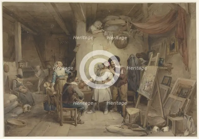 Adriaen Brouwer with his student J. van Craesbeek, 1838. Creator: Jean-Baptiste Madou.