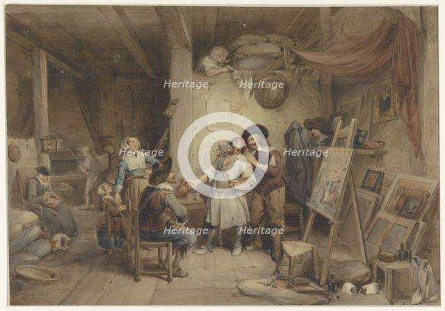 Adriaen Brouwer with his student J. van Craesbeek, 1838. Creator: Jean-Baptiste Madou.