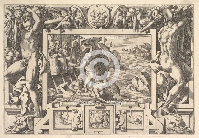 Aeëtes Gathers the Limbs of Absyrtes (Tandis qu'il fait les membres ramasser, Grecs font d..., 1563. Creator: Rene Boyvin.