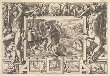 Aeëtes Gathers the Limbs of Absyrtes (Tandis qu'il fait les membres ramasser, Grecs font d..., 1563. Creator: Rene Boyvin