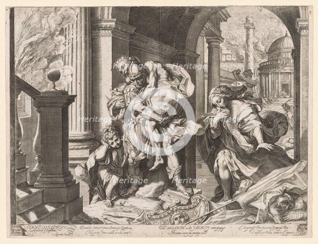 Aeneas and His Family Fleeing Troy, 1595. Creator: Agostino Carracci (Italian, 1557-1602).