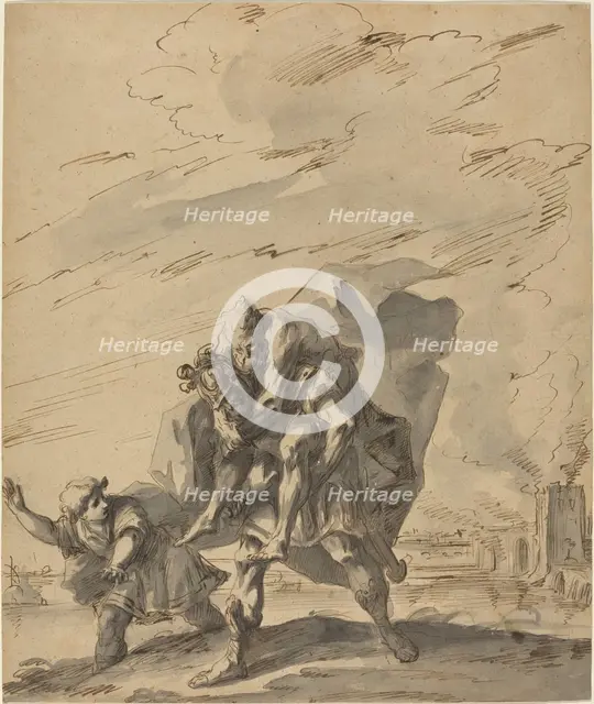 Aeneas Carrying Anchises from Burning Troy, c. 1733. Creator: Gaspare Diziani.