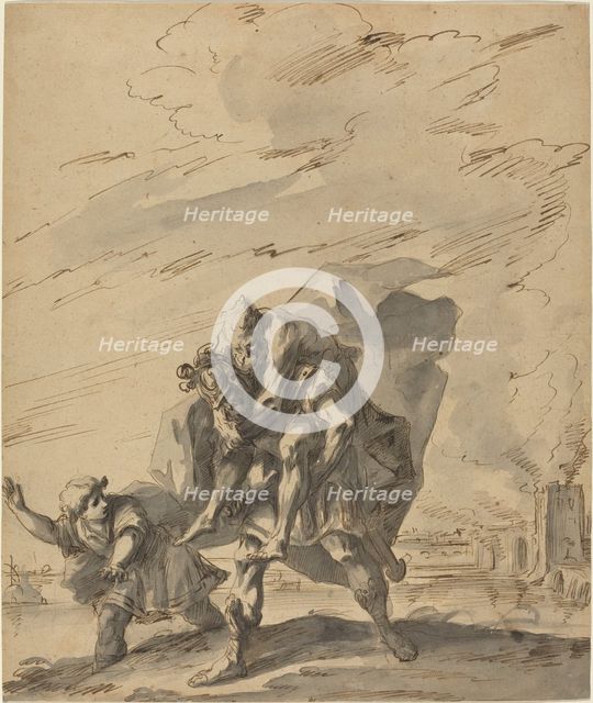Aeneas Carrying Anchises from Burning Troy, c. 1733. Creator: Gaspare Diziani.