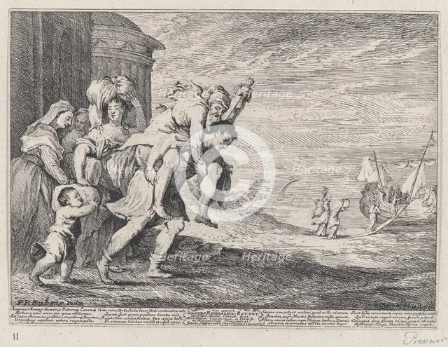 Aeneas fleeing Troy, with a group of six figures leaving the city at left, Aeneas carrying..., 1728. Creator: Anton Joseph von Prenner.