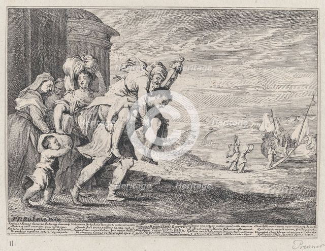 Aeneas fleeing Troy, with a group of six figures leaving the city at left, Aeneas carrying..., 1728. Creator: Anton Joseph von Prenner.