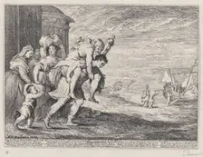 Aeneas fleeing Troy, with a group of six figures leaving the city at left, Aeneas carrying..., 1728. Creator: Anton Joseph von Prenner