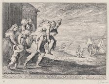 Aeneas fleeing Troy, with a group of six figures leaving the city at left, Aeneas carrying..., 1728. Creator: Anton Joseph von Prenner