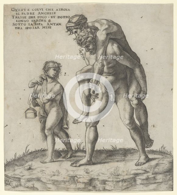 Aeneas rescuing Anchises, a young boy carrying a lantern at left, ca. 1525., ca. 1525. Creator: Giovanni Jacopo Caraglio.
