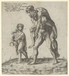 Aeneas rescuing Anchises, a young boy carrying a lantern at left, ca. 1525., ca. 1525. Creator: Giovanni Jacopo Caraglio