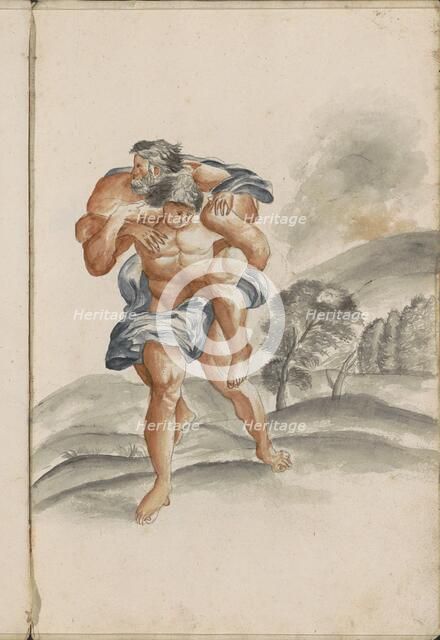 Aeneas wears his father Anchises on his back away from a burning Troy, 1696. Creator: Hendrick van Beaumont.