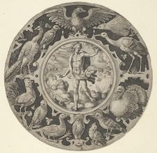 Aer in a Decorative Border with Birds, from a Series of Circular Designs with the F..., 1590-1612. Creator: Crispijn de Passe I