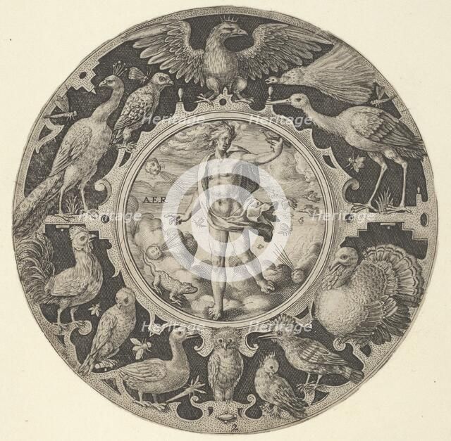 'Aer' in a Decorative Border with Birds, from a Series of Circular Designs with the F..., 1590-1612. Creator: Crispijn de Passe I.