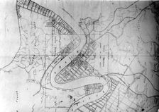 Aerial map of Brisbane showing North Brisbane, South Brisbane. Creator: Unknown