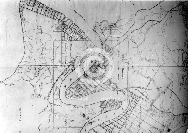 Aerial map of Brisbane showing North Brisbane, South Brisbane. Creator: Unknown.