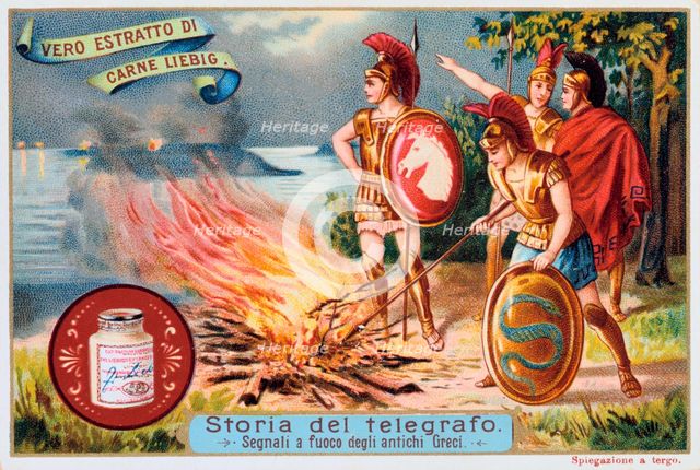 Aerial Telegraph: Ancient Greek soldiers tending a signal fire, c1900 Artist: Anon