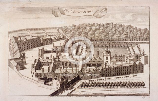 Aerial view of Charterhouse, Finsbury, London, 1755. Artist: Anon