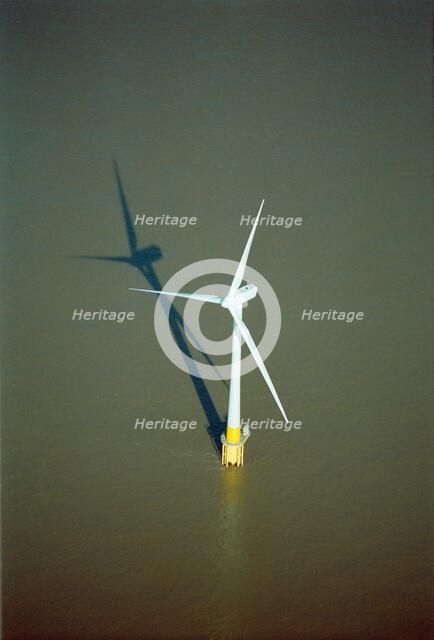 Aerial view of a wind turbine, Scroby Sands Wind Farm, near Great Yarmouth, Norfolk, c2000s. Artist: Historic England Staff Photographer.