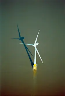 Aerial view of a wind turbine, Scroby Sands Wind Farm, near Great Yarmouth, Norfolk, c2000s. Artist: Historic England Staff Photographer