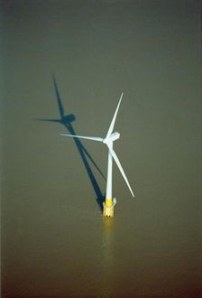 Aerial view of a wind turbine, Scroby Sands Wind Farm, near Great Yarmouth, Norfolk, c2000s. Artist: Historic England Staff Photographer