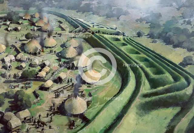 Aerial view of entrance to Old Oswestry Hill Fort during the Iron Age, (c1970-2010) Artist: Ivan Lapper.