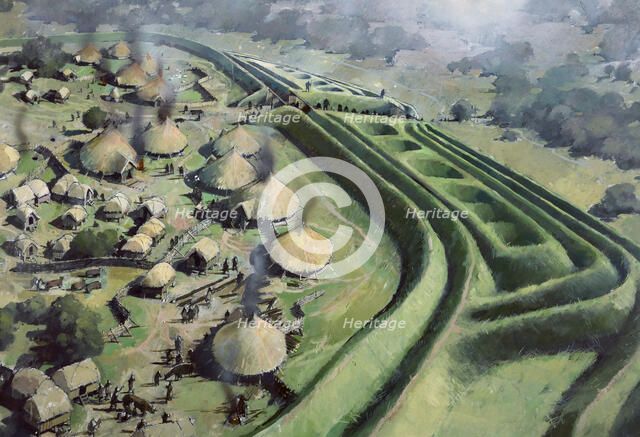 Aerial view of entrance to Old Oswestry Hill Fort during the Iron Age, (c1970-2010) Artist: Ivan Lapper.