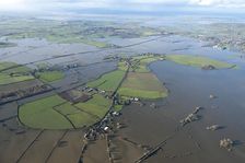 Aerial view of flooding around Muchelney Abbey, Somerset Levels, January, 2014. Artist: Damian Grady