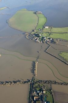 Aerial view of flooding around Muchelney Abbey, Somerset Levels, January, 2014. Artist: Damian Grady