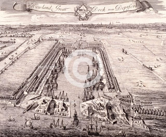Aerial view of Howland Great Dock, Rotherhithe, Bermondsey, London, c1717. Artist: Johannes Kip