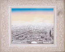 Aerial view of London framed in a decorative border, c1845. Artist: Kronheim & Co