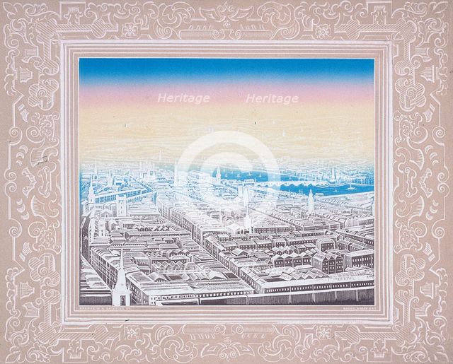 Aerial view of London framed in a decorative border, c1845.  Artist: Kronheim & Co