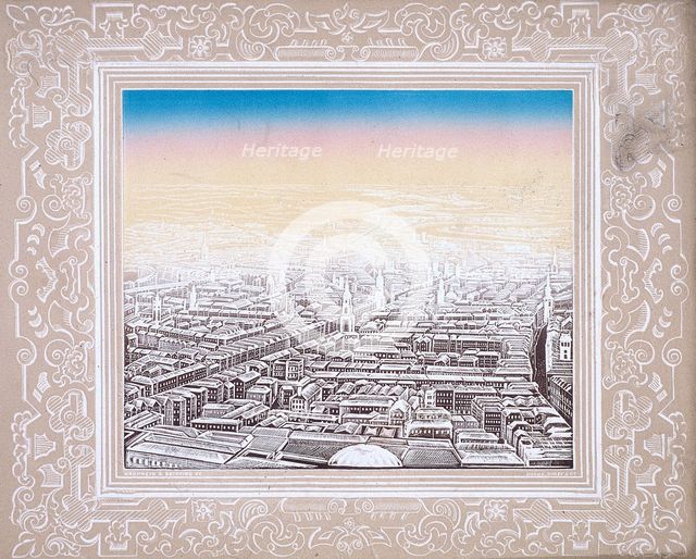 Aerial view of London framed in a decorative border, c1845. Artist: Kronheim & Co