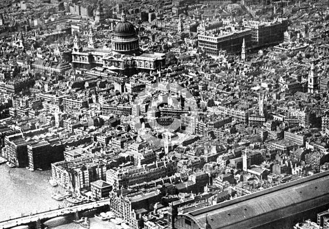 Aerial view of London, showing St Paul's Cathedral, 1926. Artist: Unknown