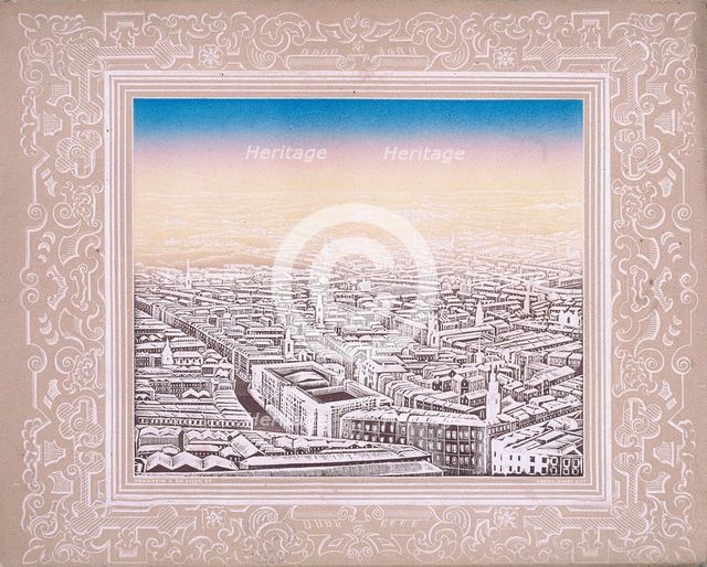 Aerial view of London with decorative border, c1845. Artist: Kronheim & Co