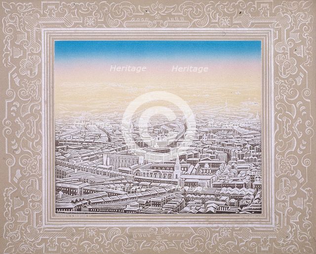 Aerial view of London with decorative border, c1845. Artist: Kronheim & Co