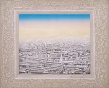 Aerial view of London with decorative border, c1845. Artist: Kronheim & Co