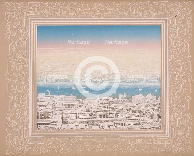 Aerial view of London with decorative border, c1845. Artist: Kronheim & Co