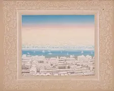 Aerial view of London with decorative border, c1845. Artist: Kronheim & Co