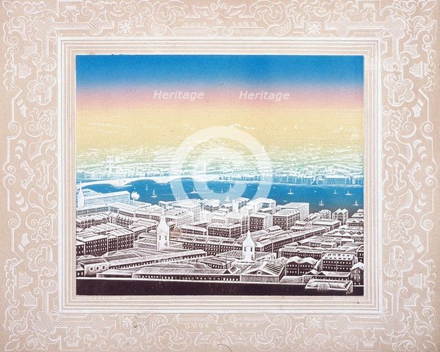 Aerial view of London with decorative border, c1845.  Artist: Kronheim & Co
