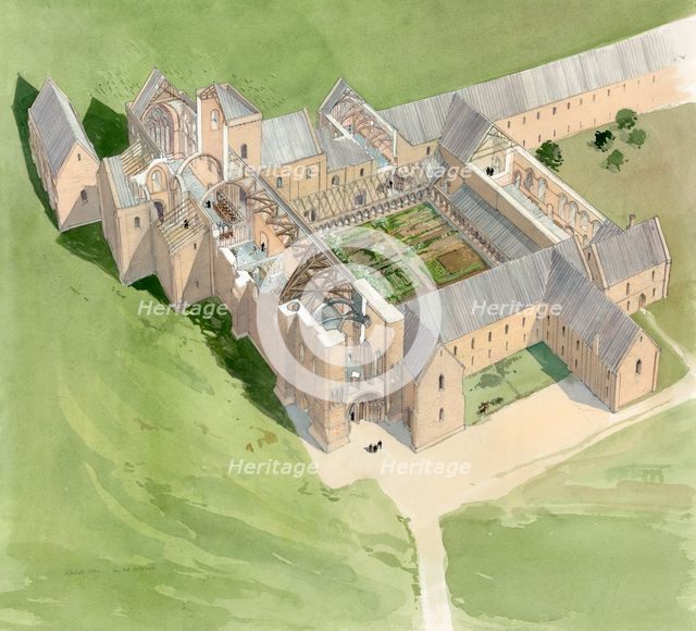 Aerial view of Lilleshall Abbey, circa late 15th century, (c1990-2010). Artist: Terry Ball.