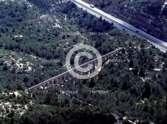 Aerial view of the aqueduct of Ferreras or Devil's Bridge, built during the reign of Emperor Traj…