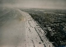 Aerial view of the beaches of Dunkirk during the 10th anniversary ceremonies, June 1950